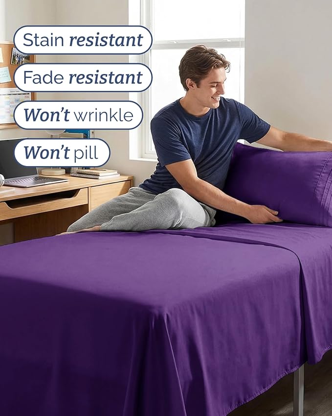 Twin XL 4 Piece Sheet Set - Comfy, Breathable & Cooling - Hotel Luxury Bedding for Women, Men, Kids, Teens & Children - 1 Flat & 1 Fitted Sheet & 2 Pillowcases w/ Deep Pockets - Wrinkle Free - Purple
