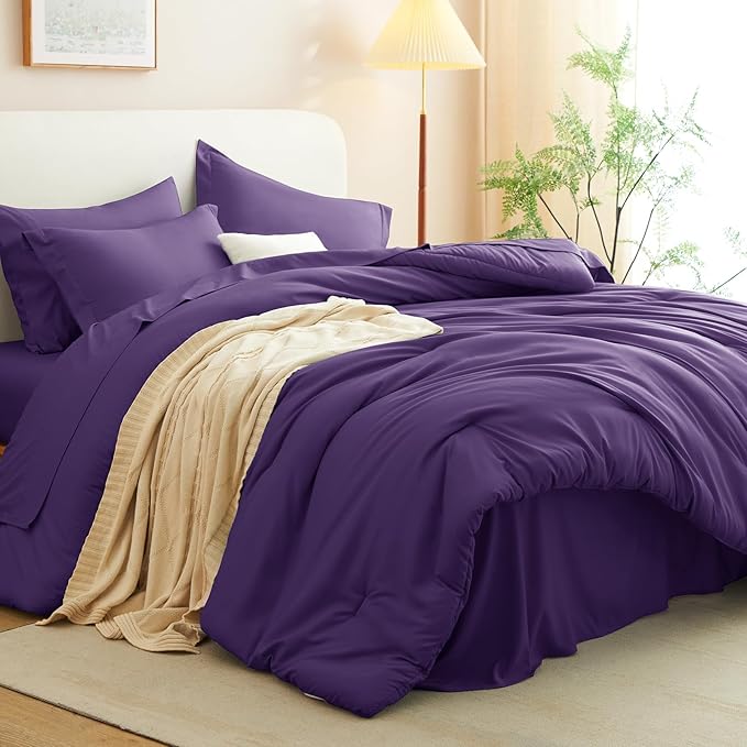 CozyLux Queen Comforter Set Purple, 7 Pieces Bed in a Bag Queen Comforter Set with Sheets, Luxury Soft Bedding Sets with Down Alternative Comforter, Fitted Sheet, Flat Sheet, Pillowcases & Shams