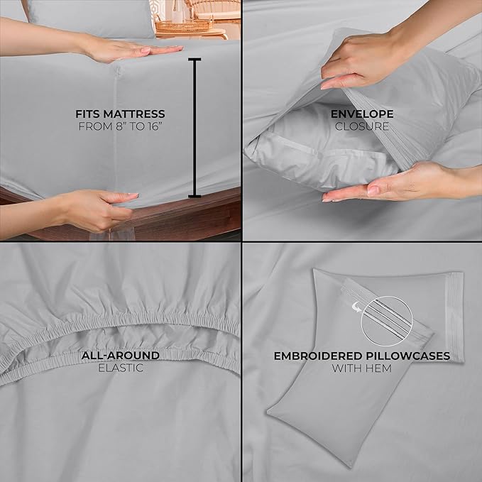 ROYALE LINENS 3 Piece Twin Sheets Set - Soft Brushed 1800 Microfiber Bedding - 1 Fitted and 1 Flat Sheet, 1 Pillow case - Wrinkle Free & Fade Resistant - Hotel Luxury Bed Sheets Set (Silver, Twin)
