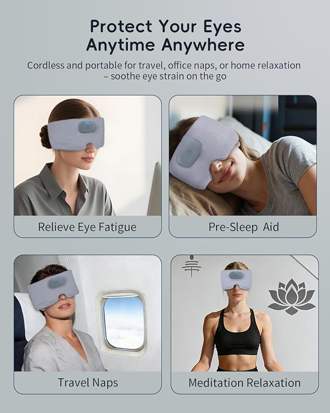 Heated Eye Masks for Dry Eyes with Bluetooth 6.0 Headphones - 3 Heat Levels, Memory Function, Soft Fabric Sleep Mask for Eye Strain & Migraine Relief - Unisex Light Gray