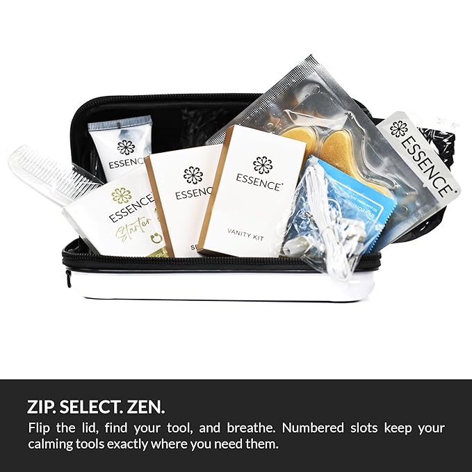 Essence Travel Amenity Kit | Travel Essentials & Travel Size Toiletries Kit | 5-Pack Nasal Diffuser Rings, Sleep Mask, Lotion & Hygiene Kit | Travel Toiletry Kit for Women | Burgundy Case