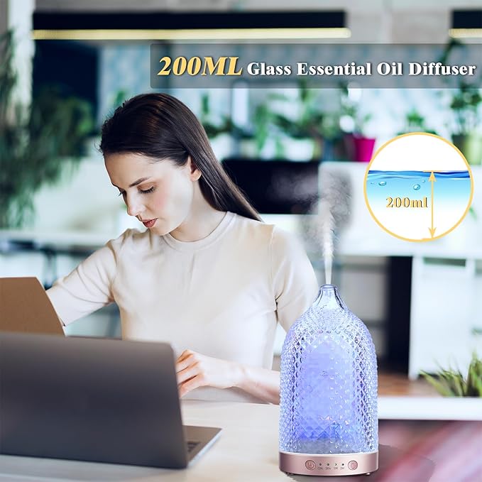 Glass Essential Oil Diffuser, 7 Colors Glass Diffusers for Essential Oils with 2 Mists Remote Control Auto-Off Timer, 200ML Aromatherapy Diffuser for Home Office Bedroom (Rose Gold)