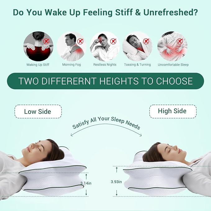 AZBESTPRO Memory Foam Cervical Pillow for Neck Support & Pain Relief, Butterfly Ergonomic Design – 24×15.75×5.7 Inches, Removable 100% Polyester Pillowcase, Suitable for Side & Back Sleepers (Green)