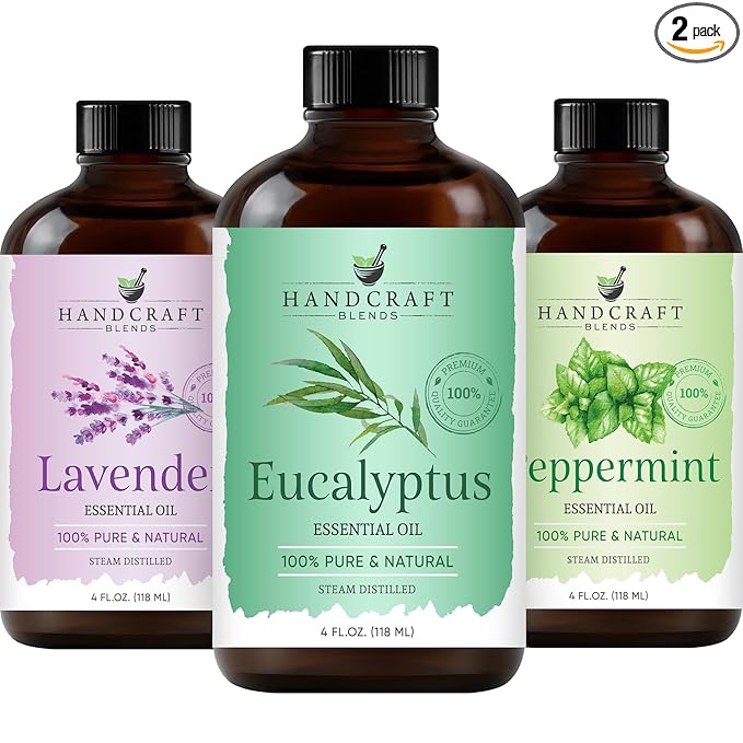 Handcraft Blends Peppermint, Eucalyptus, Lavender Essential Oil Set - 4 Fl. Oz, 100% Pure and Natural, Therapeutic Grade with Premium Glass Dropper