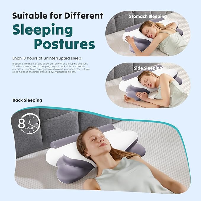 NEWBULIG Cervical Neck Pillow - Ergonomic Memory Foam Pillow for Neck Pain Relief, Contour Orthopedic Bed Pillow for Side, Back & Stomach Sleepers with Neck Support, 25.81" Lx14.6 W, White & Grey