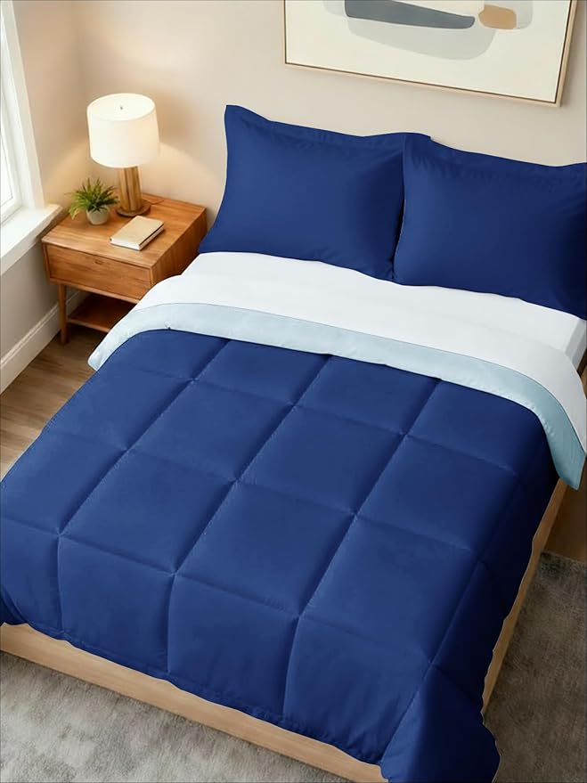 King Comforter Set - 3 Piece Bed Set for All Seasons - 1 Soft Quilted Comforter w/ Corner Tabs & 2 Pillow Shams - Comfy, Cozy & Breathable - Premium Down Duvet Insert - King Size, Navy Blue/Sky Blue