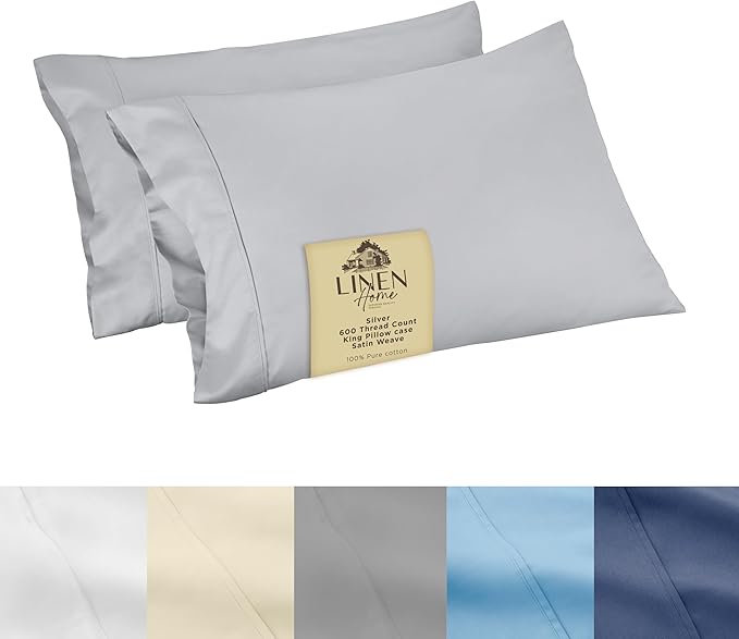 Linen Home 600 Thread Count King Pillowcase Set | 100% Long-Staple Cotton Pillow Cases | Soft & Smooth Luxury Satin Set of 2 Pillowcases | 4 Inch Z Hem | Silver
