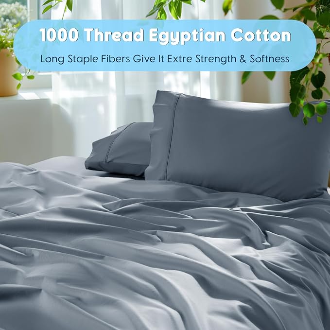 SONORO KATE 100% Egyptian Cotton Sheets Set - 1000 High Thread Count, Luxury 5-Star Hotel Sateen Bed Sheets, Soft, Breathable Long Staple Sheets, Fit up to 16" - 4 PC (French Blue,King)