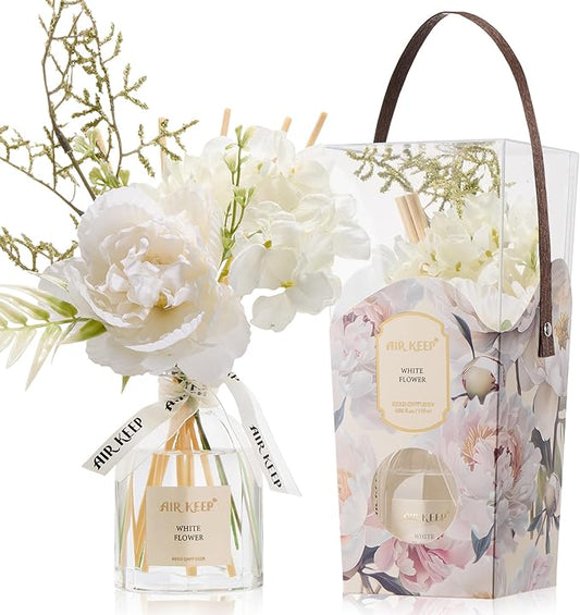 Airkeep Flower Reed Diffuser Set, White Flower Diffuser Gift Set,4.06 fl oz Essential Oil Sticks Diffusers for Bathroom Air Freshener, Aromatherapy Home Fragrance for Shelf Decor,Gift for Women Mom