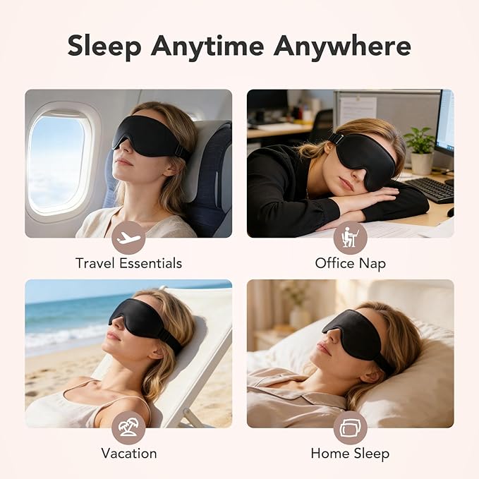 Sleep Mask for Side Sleepers, 100% Blackout Eye Mask for Sleeping with 3D Deep Contoured Cups, Zero Pressure Lash-Friendly, Adjustable Light Blocking Travel Mask for Men & Women, Black