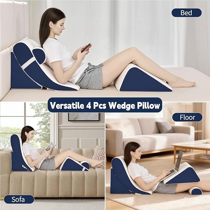 4PCS Orthopedic Bed Wedge Pillow Set for Post Surgery & Pain Relief, Adjustable Wedge Pillow for Back, Acid Reflux,Sitting up in Bed,Recovery, Snoring, Body Pillow for Sleeping (White/Navy)
