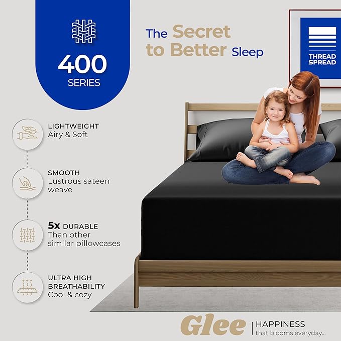Thread Spread 100% Cotton Pillow Cases Queen Size Set of 2 - Luxury 400 Series Glee Collection Queen Pillow Cases (Black), Soft Cooling Breathable Hotel Cotton Pillowcases, Fits Standard Pillows