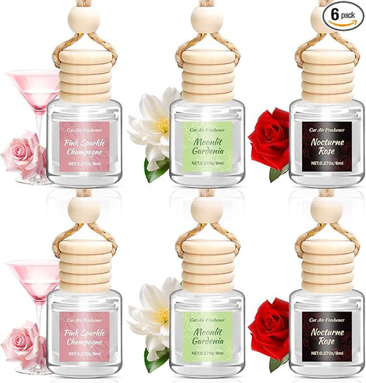 6 Pack Car Air Freshener, Long Lasting Natural Essential Oil Fragrance Diffuser - Pink Sparkle Champagne, Moonlit Gardenia & Nocturne Rose, Hanging Female Perfume Car Accessories Decor Gift