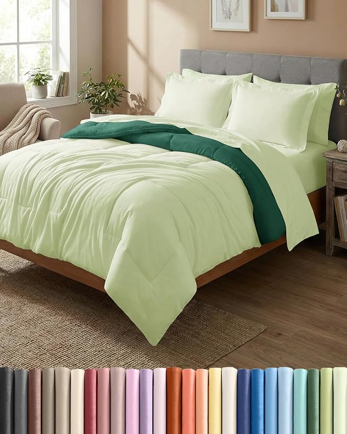 Full Comforter Set - 7 Piece Bed in a Bag Full Size Bed Set - Down Alternative Comforter, Flat Sheet, Fitted Sheet, Pillowcase & Shams for All Seasons - Soft, Comfy & Breathable - Light Sage/Emerald