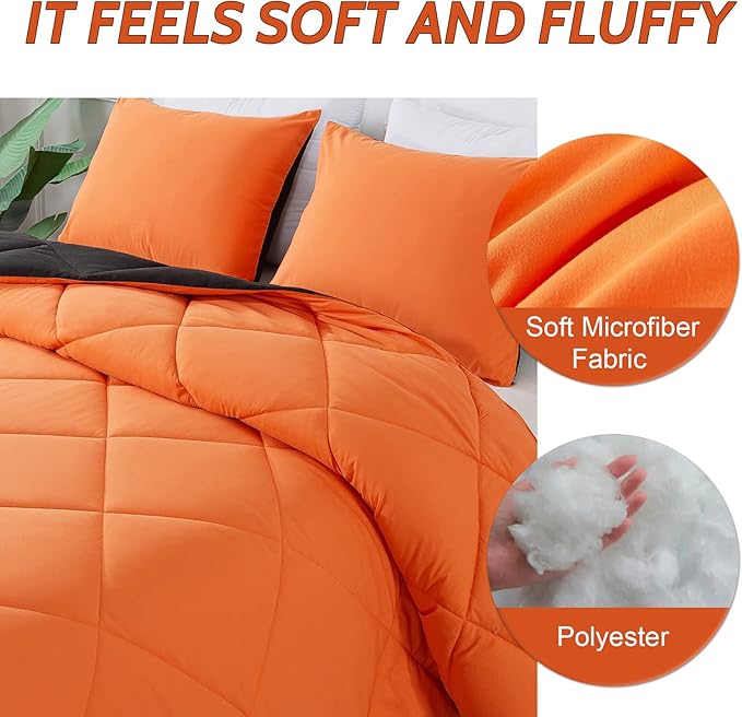 Decroom Lightweight Queen Comforter Set with 2 Pillow Sham - 3 Pieces Set - Quilted Down Alternative Comforter/Duvet Insert for All Season - Orange/Black - Queen Size