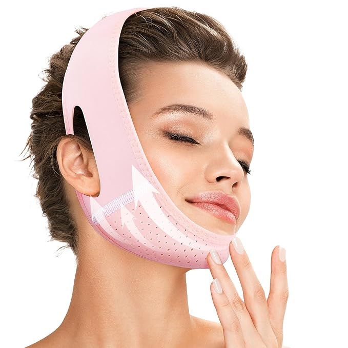 Juskaa Reusable V Line Lifting Mask with Chin Strap for Sleeping,Face Lift Prevent Sagging, Jaw Exerciser,Light pink,M,2PCS