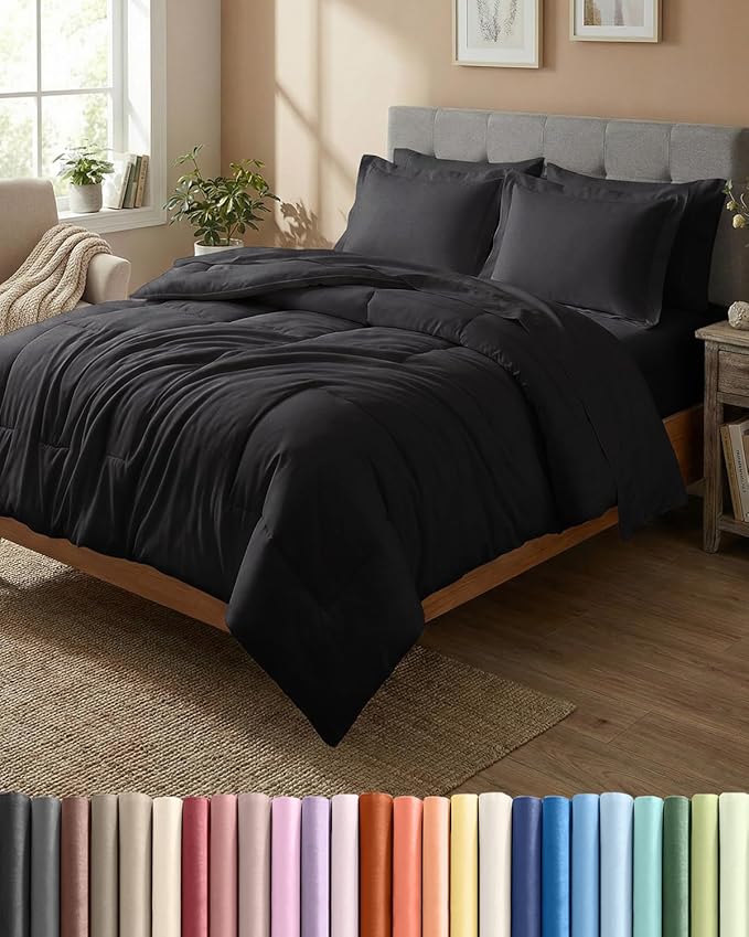 Full Comforter Set - 7 Piece Bed in a Bag Full Size Bed Set - Down Alternative Comforter, Flat Sheet, Fitted Sheet, Pillowcase & Shams for All Seasons - Ultra Soft, Cozy, Comfy and Breathable - Black