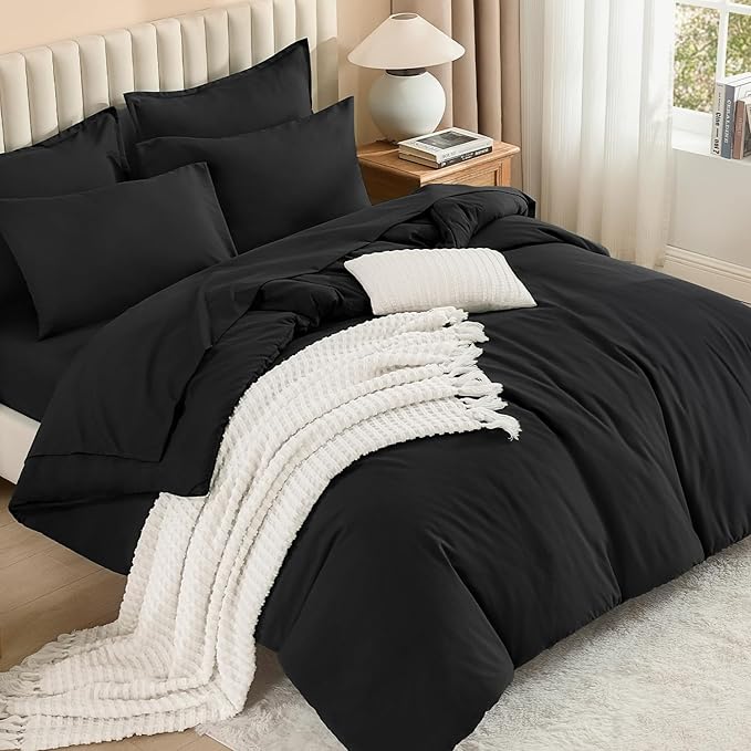 Litanika Comforter California King Size Set Black - 7 Pieces Bed in a Bag California King Bedding Comforter Sets, Plain Lightweight Bed Set with Comforter, Sheets, Pillowcases & Shams