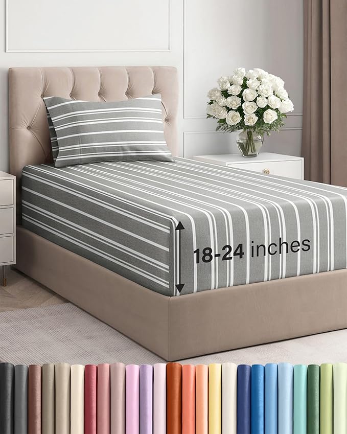 Extra Deep Twin Sheet Set - 3 Piece Breathable & Cooling Bed Sheets - Easily Fits 18 to 24 inch Mattress - Ultra Soft, Wrinkle & Fade Free w/ Extra Deep Pockets - Hotel Luxury Bedding - Grey Stripes 3