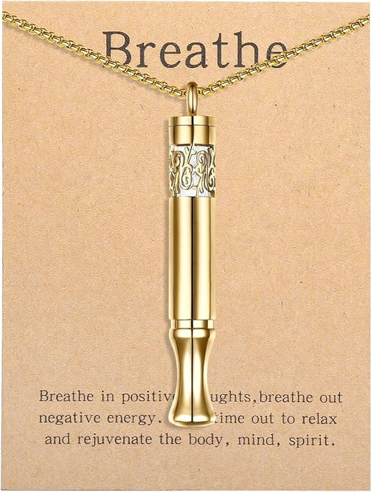 Anxiety Relief Pendant Mindfulness Breathing Necklace - Essential Oil Diffuser & Personal Inhaler Aromatherapy Necklaces for Women & Men (Gold)