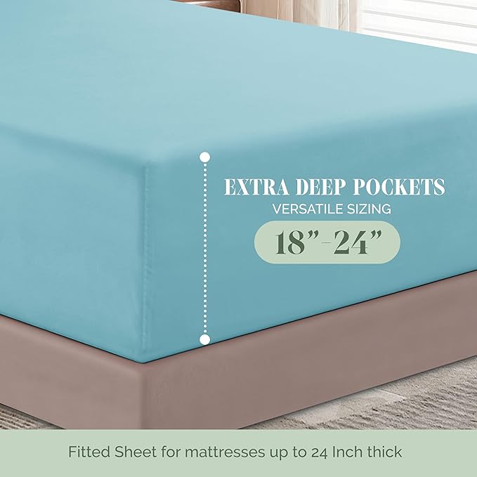 Elegant Comfort Luxury 1500 Premium Hotel Quality Microfiber 4-Piece Sheet Set - Soft, All Around Elastic 18-24 Inches Deep Fitted Sheet - Extra Deep Pocket Sheets, Full, Aqua