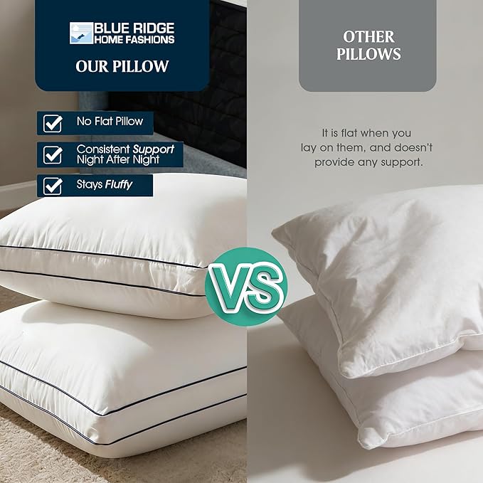 Blue Ridge Home Fashions Hotel Bed Pillows Queen Size Set of 2, 400 Thread Count 100% Cotton Cover, Medium Soft, Support Gusseted Down Alternative Pillow for Back, Stomach or Side Sleepers, 18" x 26"