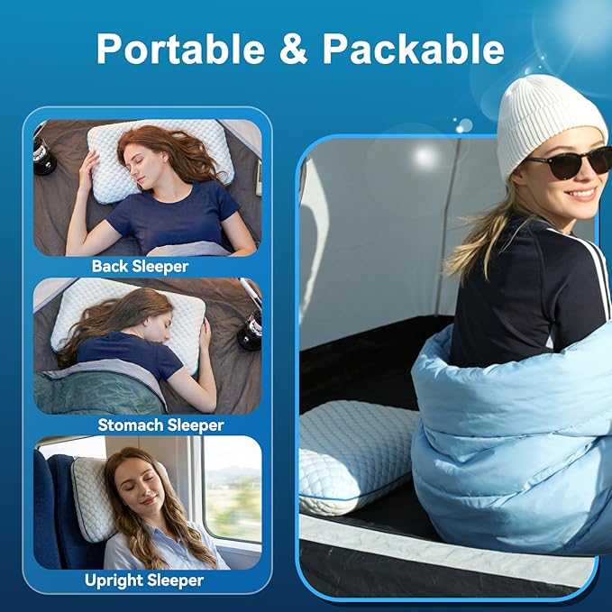 Camping Pillow with Memory Foam-Compressible Medium Firm, Ultralight Cooling Travel Pillow, Outdoor Pillows Ideal for Backpacking, Hiking, Camping, Airplane,Car, Small Beach Pillow with Washable Cover