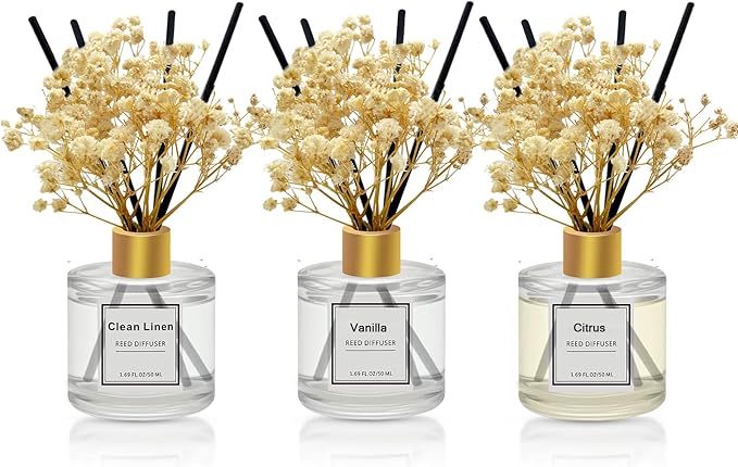 Reed Diffuser Set of 3 Pack,Clean Linen,Vanilla,Citrus Scented Oil Diffuser with 4 Sticks,Reed Diffusers for Home,Living Room,Bathroom Air Freshener Diffuser,50ml x 3