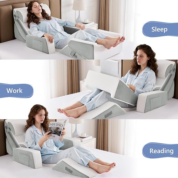 Yojoker Orthopedic Bed Wedge Pillow Set for Sleeping, Post Surgery Foam for Body, Back and Leg Pain Relief Comfortable & Adjustable Support Pillows-Anti Snoring, Heartburn (Gray, 9 Piece Set)