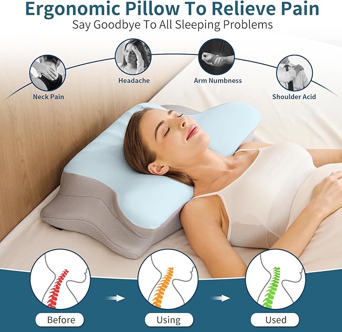Ylekto Cervical Neck Pillow for Pain Relief - Ergonomic Memory Foam Pillows for Sleeping, Cooling Side Sleeper Pillow for Neck Support, Contour Orthopedic Bed Pillow for Sleepers