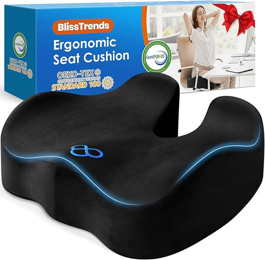 BlissTrends Seat Cushion with Velvet Cover, Thick Memory Foam Cushions for Office Chair, Car Seat, Airplane, Relieving Pressure Tailbone Sciatica Back Pain for Long Sitting, Car Drivers 4.7in Black