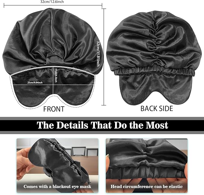 2-in-1 Satin Sleep Bonnet with Eye Mask for Women –Silk-Lined Hair Bonnet for Sleeping, Adjustable, Anti-Frizz for Curly Hair