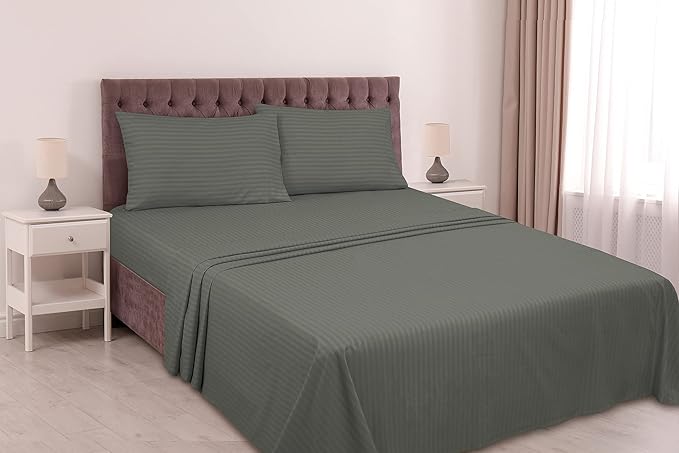 ROYALE LINENS 4 Piece Full Sheets Set - Soft Brushed 1800 Microfiber Bedding - 1 Fitted, 1 Flat Sheet, 2 Pillow Cases - Wrinkle Free & Fade Resistant - Hotel Luxury Bed Sheets (Stripe Grey, Full)