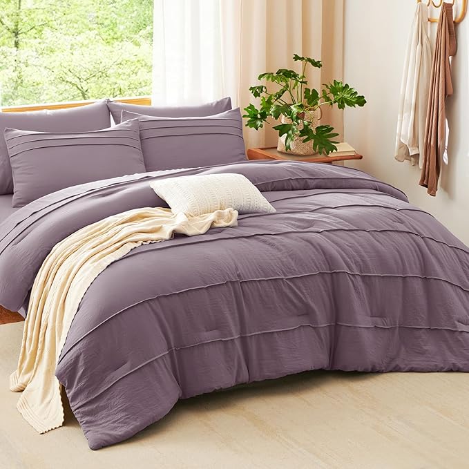 CozyLux King Size Comforter Set Dusty Purple, 7 Pieces Soft Pinch Pleat Bed in a Bag King Comforter Set with Sheets, Boho Bed Set with Down Alternative Comforter, Sheets, Pillowcases & Shams