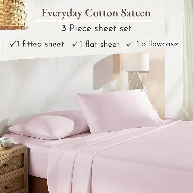 California Design Den Twin Sheet Set - Natural 100% Cotton Bed Sheets with 12" Pockets, Soft Sateen Weave, Breathable and Durable Bedding Set for Dorm Rooms, College (Pink)