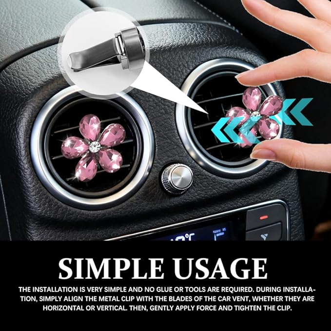 5PCS Bling Daisy Flower Car Air Vent Clips, Car Diffuser Vent Clip, Sparkling Crystal Rhinestone Cute Auto Air Conditioning Clamp, Diamond Air Outlet Clip Decor for Women Girls (Light Pink)