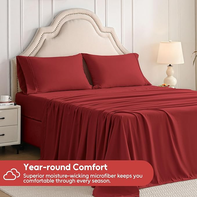 Full Size Bed Sheets Set, 4 Pieces Hotel Luxury Soft Microfiber Bed Sheets Set, Up to 16" Deep Pockets, Oeko-Tex Sheets with Elastic, Breathable, Wrinkle Free (Wine Red, Full)
