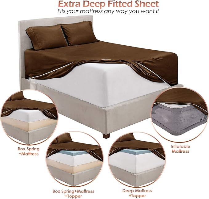 Hearth & Harbor Extra Deep Pocket Sheets - Fits Mattress 18-24 Inches Deep - Extra Deep Pocket Full Size Sets - 6 Piece Full Size - Full - Brown