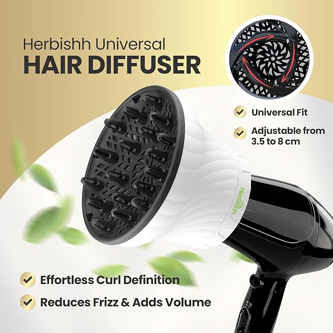 Herbishh Large Universal Diffuser Hair Dryer Attachment Adjustable 1.37" - 3.14" Dryer Diffuser Even Heat Rotary Clip for Curly Definition & Wavy Hair, Reduces Frizz & Adds Volume, Heat Resistant