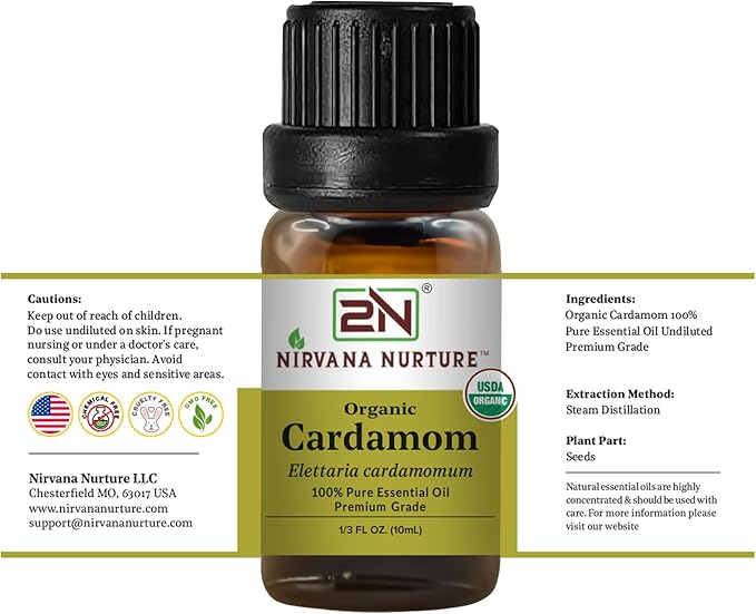 Cardamom Essential Oil, USDA Certified Organic, 100% Pure Undiluted, Aromatherapy Oil for Diffuser, Hair & Skin Care