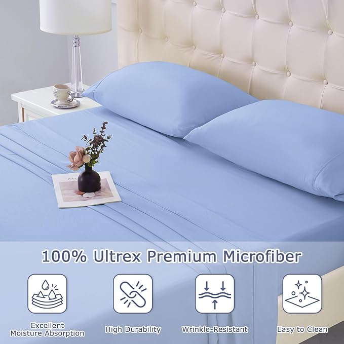 California King Size Bed Sheet Set - 4 Piece Soft Microfiber Sheets with Deep Pockets, Cooling Technology, and Wrinkle-Free Pillowcase. Hotel-Quality, Durable Bedding, Chambray Blue