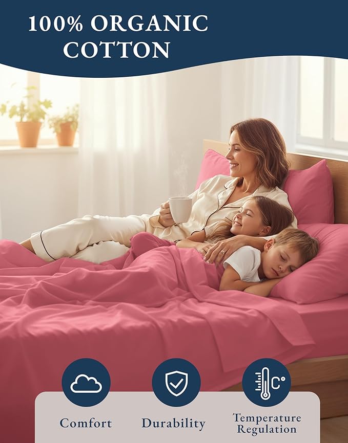 LANE LINEN Eco Friendly 100% Organic Cotton Twin Bed Sheet Set, Soft & Breathable Fully Elasticized Mercerized Cotton Twin Size Bedding Sheets & Pillowcase Set, Deep Pocket Bed Sheets - Mineral Red