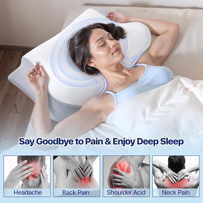Memory Foam Neck Pillow - Ergonomic Contour Cervical Neck Pillow for Side Back Stomach Sleepers, 2-in-1 Orthopedic Neck Support Pillow with Cooling Pillowcase