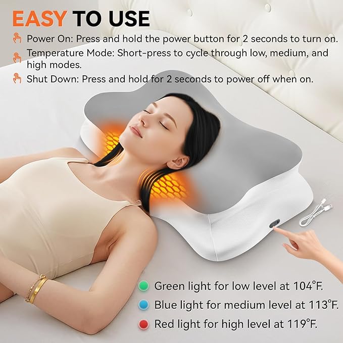 Heated Cervical Pillow for Neck Pain Relief, Ergonomic Contour Orthopedic Memory Foam Pillow for Neck Support, USB Heating with Adjustable Temp Settings