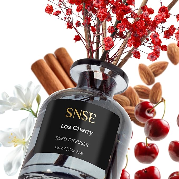 SNSE Los Cherry with Flowers Perfumed Reed Diffuser Set | 3.38 oz Scent Fragrance Oil Diffuser for Bedroom, Bathroom, Home Décor and Gift, Decorative Air Fresheners with Sticks