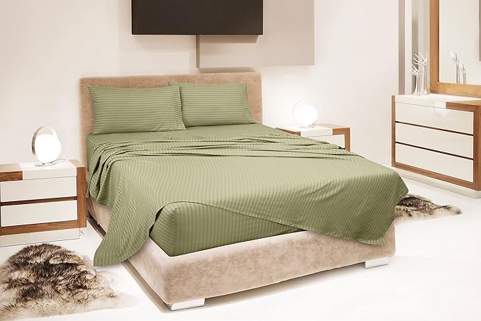 ROYALE LINENS 4 Piece Cal King Sheets Set - Soft Brushed Microfiber - 1 Fitted, 1 Flat Sheet, 2 Pillowcases - Wrinkle Free & Fade Resistant - Hotel Luxury Bed Sheets (Stripe Sage Green, Cal King)