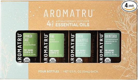 AromaTru Breathe Essential Oil Kit – Spanish Sage, Pine, Lemon Eucalyptus, and Ravintsara – Organic & Wildcrafted – ISO Certified – No Synthetic Fillers – Ethically Sourced