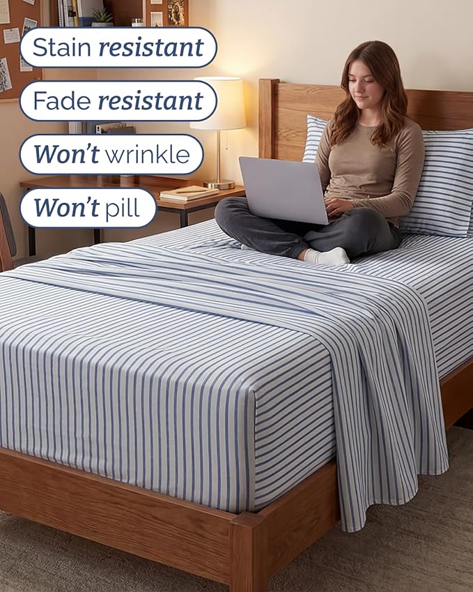 Extra Deep Twin XL Sheet Set - 3 Piece Breathable & Cooling Bed Sheets - Easily Fits 18 to 24 inch Mattress - Soft, Wrinkle & Fade Free w/ Extra Deep Pockets - Hotel Luxury Bedding - Blue Stripes 2