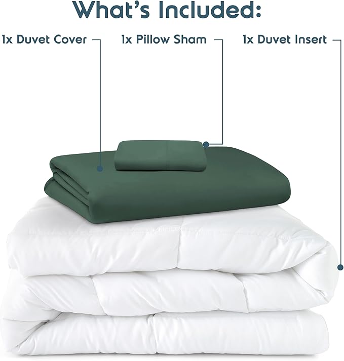Nestl Twin Duvet Cover Set with Comforter Insert - Forest Green 3 Piece 68x90 Duvet Cover & 1 Pillow Sham with White Quilted Down Alternative Comforter, Ultra Soft, All Season