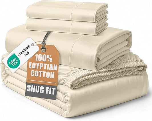 100% Egyptian Cotton Queen Size Bed Sheet set - Naturally Breathable & Durable Winter Comfort Queen Bed Sheets Set, Ultra-Soft Hotel Luxury Comfort with 15" Deep Pocket, Silky Sateen Weave - Ivory